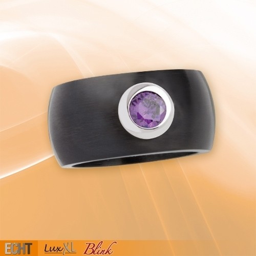 LuxXL Edelstahlring 12 mm "Blink" schwarz matt mit violettem Zirkonia