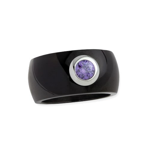 LuxXL Edelstahlring 12 mm "Blink" schwarz poliert mit violettem Zirkonia