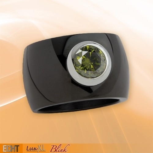 LuxXL Edelstahlring 15 mm "Blink" schwarz poliert mit grünem Zirkonia