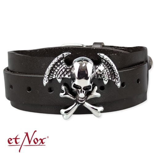 etNox-Armband "winged skull on leather", Edelstahl