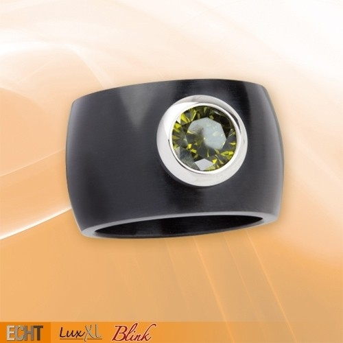 LuxXL Edelstahlring 15 mm "Blink" schwarz matt mit grünem Zirkonia